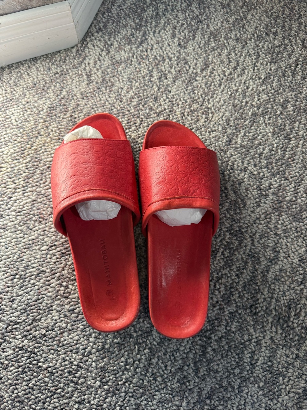 Women’s Red Leather Slide Sandals with Textured Strap